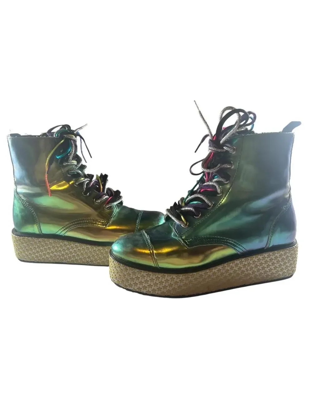 TUK x Dollskill Iridescent Rainbow Star Studded Platform Combat Boots